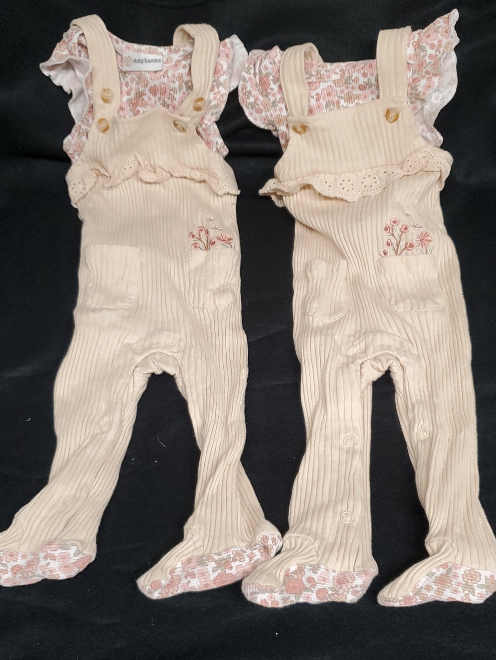 Two (Twin) 6/9 Month Cream Ribbed  Floral-Trim Overalls With Floral Undershirt